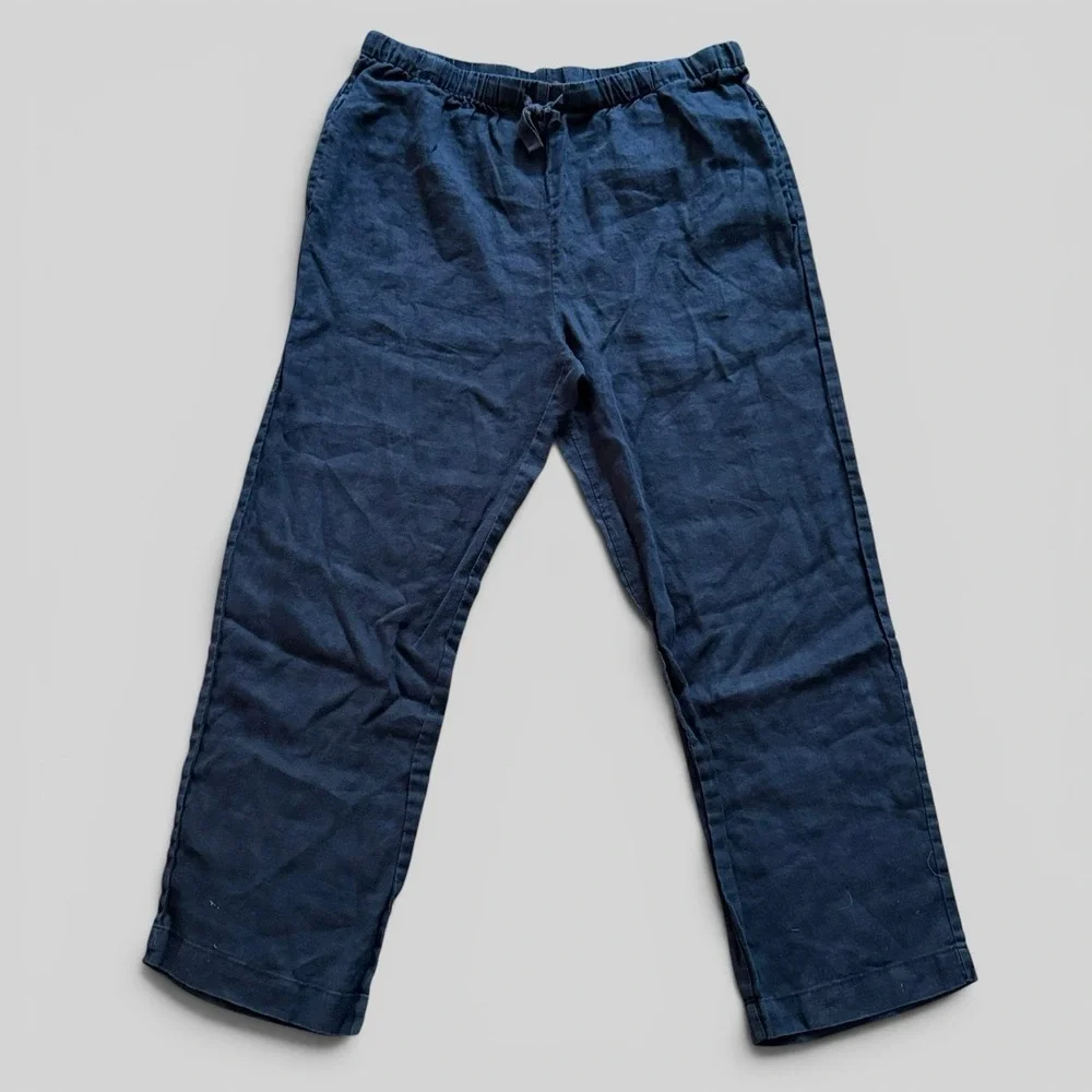 Quince 100% Linen Pants Navy Elastic Waist Pockets Coastal Minimalist Womens L